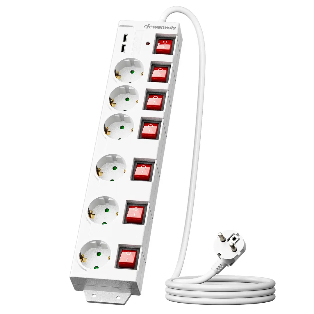 Dewenwils Multiprise 6 prises avec 2 ports USB, individuellement commutable, espacement généreux des prises, orientation 90°, protection contre les surcharges, sécurité enfant, 3680 W / 16 A, câble 2 m, blanc