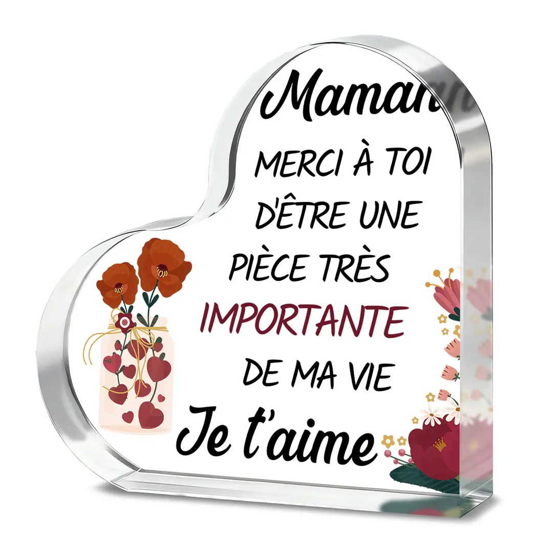 Alphynix Plaquette en acrylique en forme de cœur pour maman - 10 x 1,5 x 10 cm