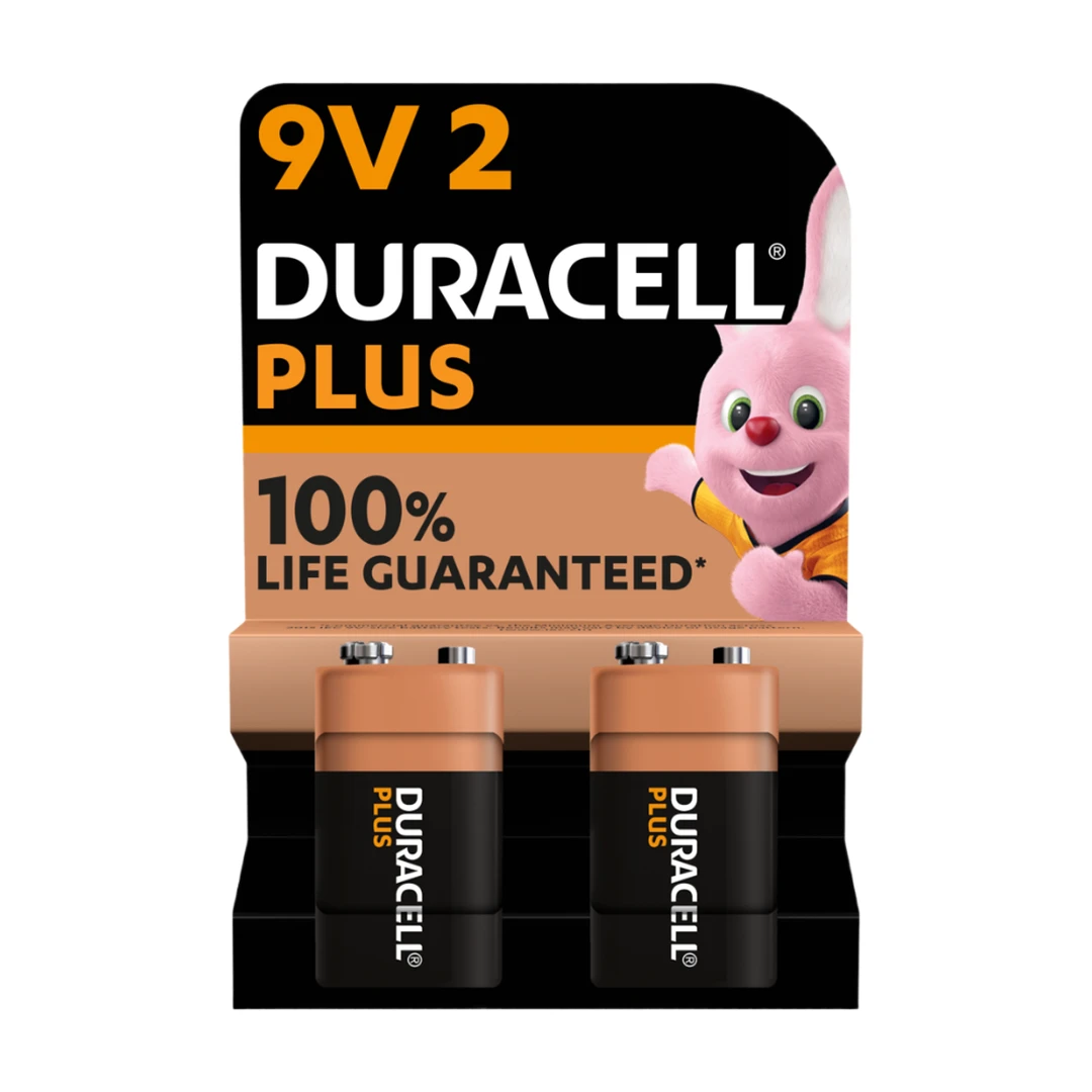 DURACELL Plus Piles 9V (lot de 2) - Alcalines - Durée de vie garantie à 100% - Idéales pour les appareils du quotidien - Emballage 0% plastique - Conservation 5 ans - 6LR61 MN1604