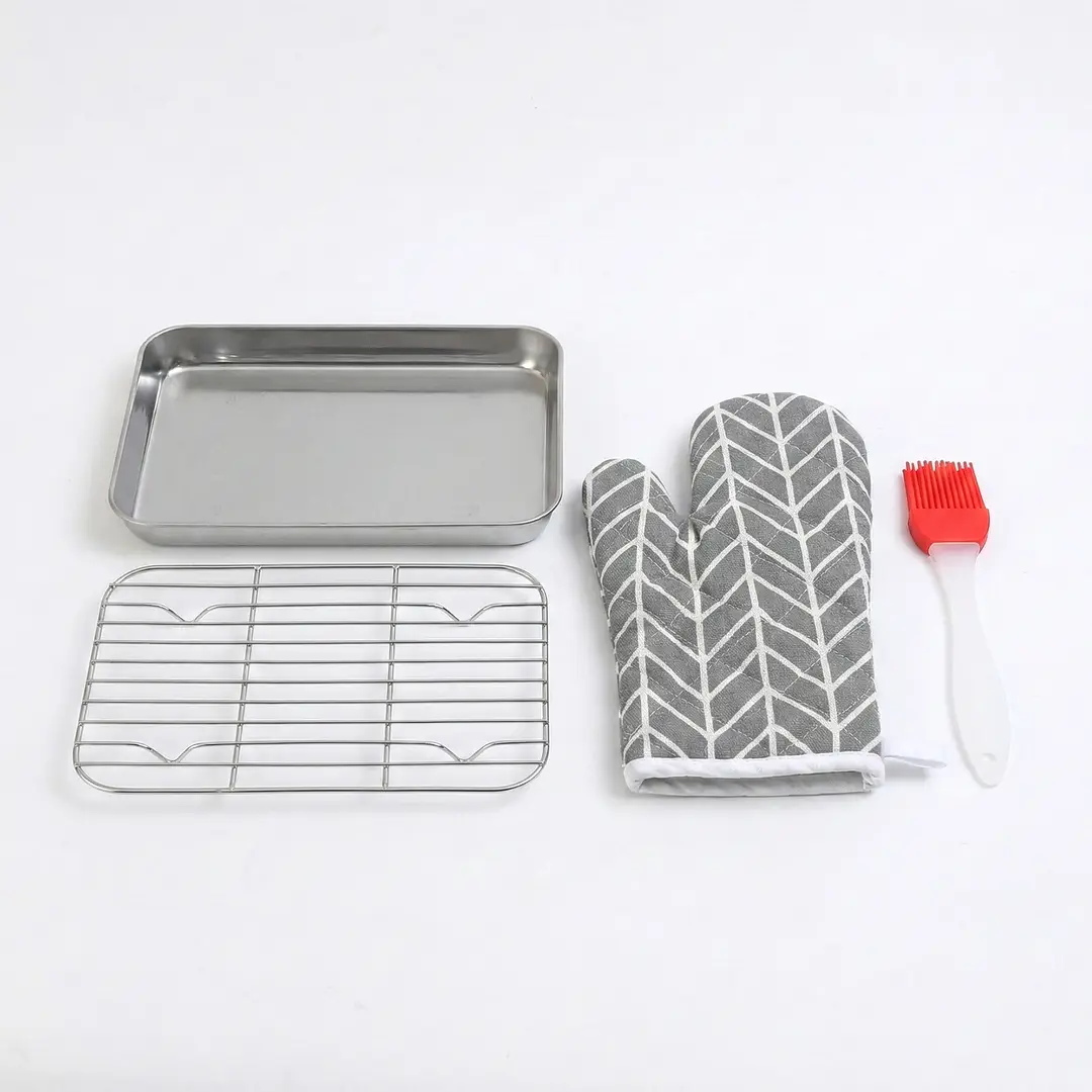 PURECOOK Baking Pan with Wire Rack Series 304 | 2-Piece Set | Rectangular Tray with Wire Mesh Rack