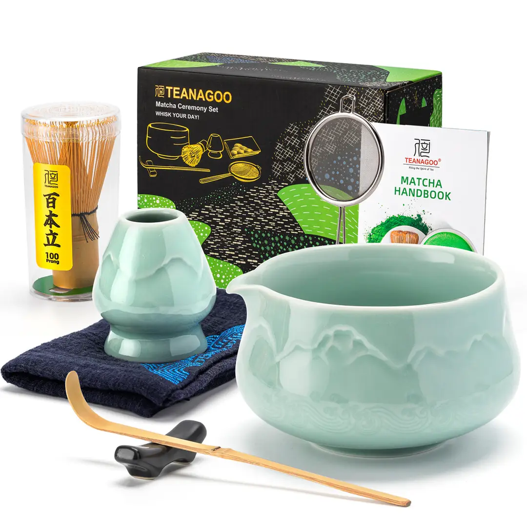 TEANAGOO Matcha-Besen, 7-teiliges Keramik Matcha-Set, Matcha-Kit für Zeremonie, Matcha-Teeset für die Zubereitung von Frühstück/Latte, Matcha-Besen-Set und Schale mit Löffel & Sieb, Geschenk für Matcha-Liebhaber, Neujahrsangebot, Top-Geschenkempfehlungen