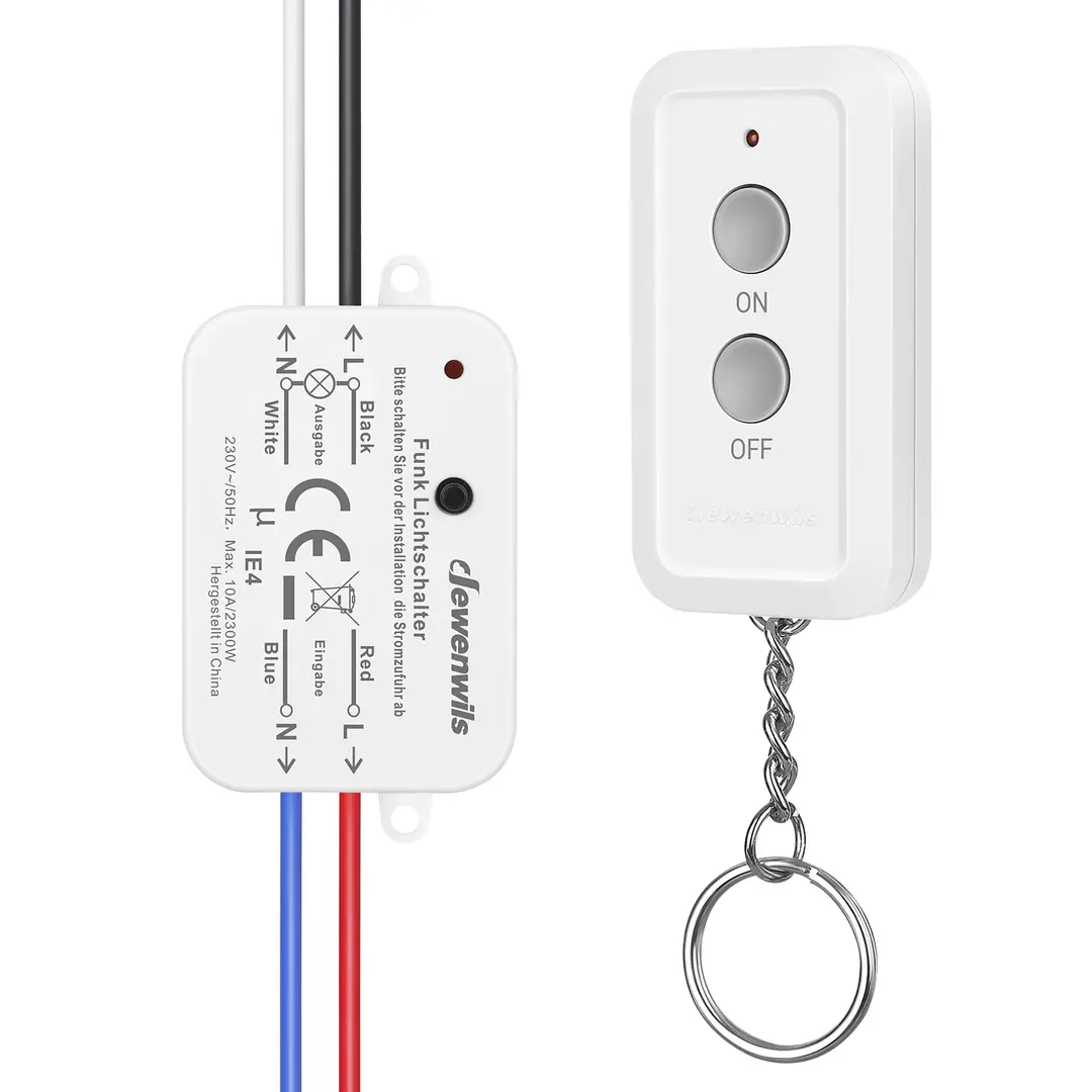 Dewenwils Draadloze wandlampenschakelaar, 230 V, met afstandsbediening, 30 m bereik, draadloze lichtschakelaar voor lamp, 2300 W, wit, geen kabelwerk nodig