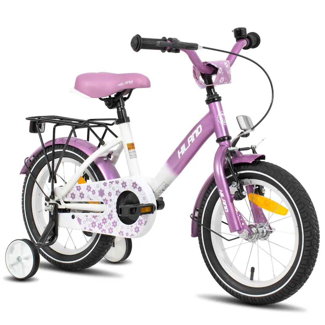HILAND Starry, vélo enfant garçon et fille, 2 à 7 ans, roues de sécurité, sonnette, porte-bagages arrière, violet, 14 pouces