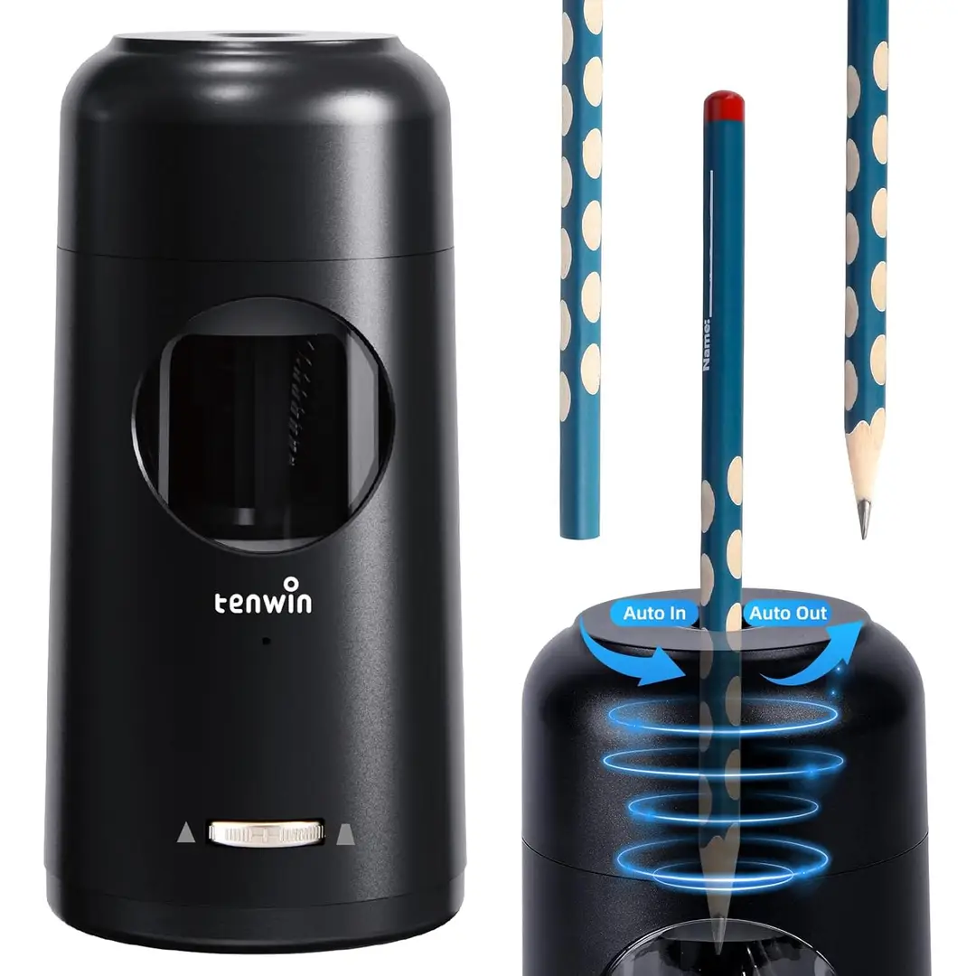 tenwin Fully Automatic Electric Pencil Sharpener, Rechargeable with Container for 7-11.5mm Pencils & Colored Pencils, Fast Sharpening, Portable and Safe for Home, Office, School Use (Black)