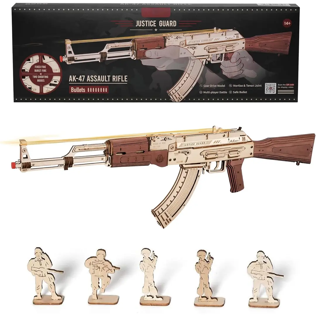 Robotime ROKR Justice Guard rubberen elastiekjespistool modelbouwset houten 3D-puzzel speelgoed 72 x 5,5 x 22 cm 1 stuk,Wooninrichting, boekenkastdecoratie,Handgemaakte cadeaus voor volwassenen en tieners,Onderwijs speelgoed