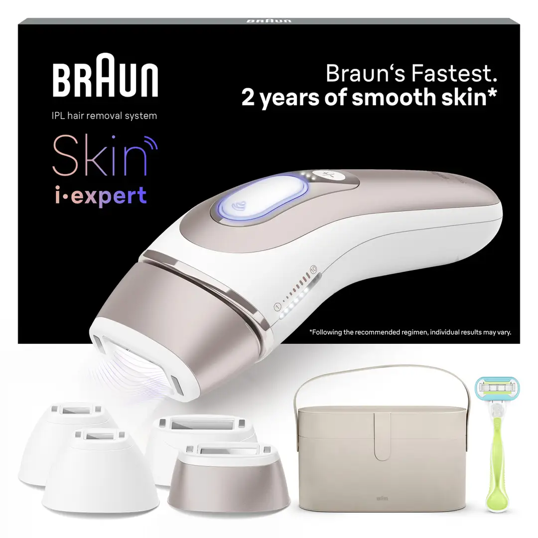 Braun Smart IPL Skin i·expert PL7387 IPL, At Home Hair Removal with Pouch, Venus Razor and 4 attachments, White/Rose Gold