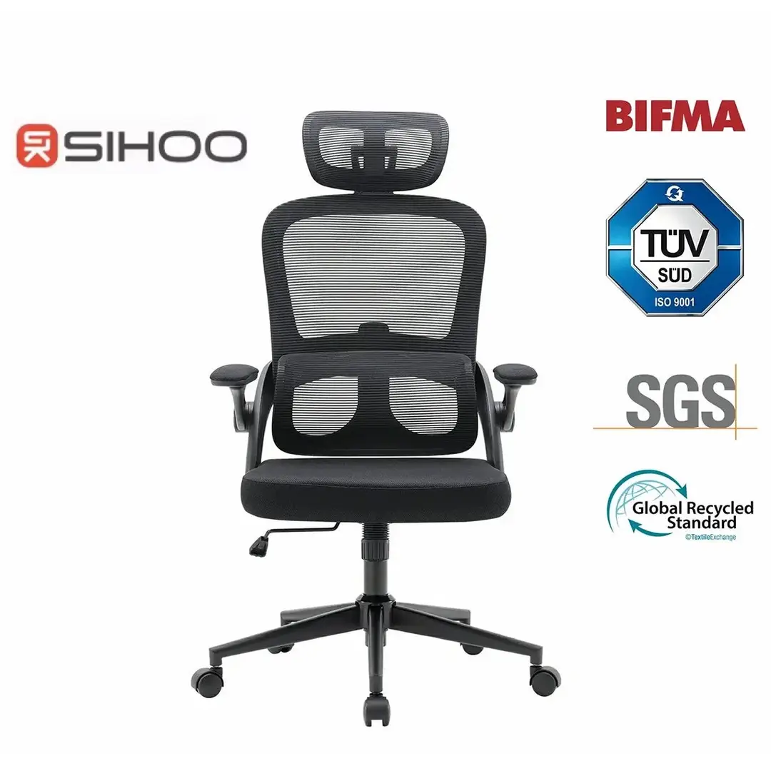 Sihoo M102C ergonomischer Netz-Bürostuhl, Schreibtischstuhl mit hoher Rückenlehne und 3D-Armlehnen, höhenverstellbare Lordosenstütze, drehbarer Computer-Arbeitsstuhl, Schwarz