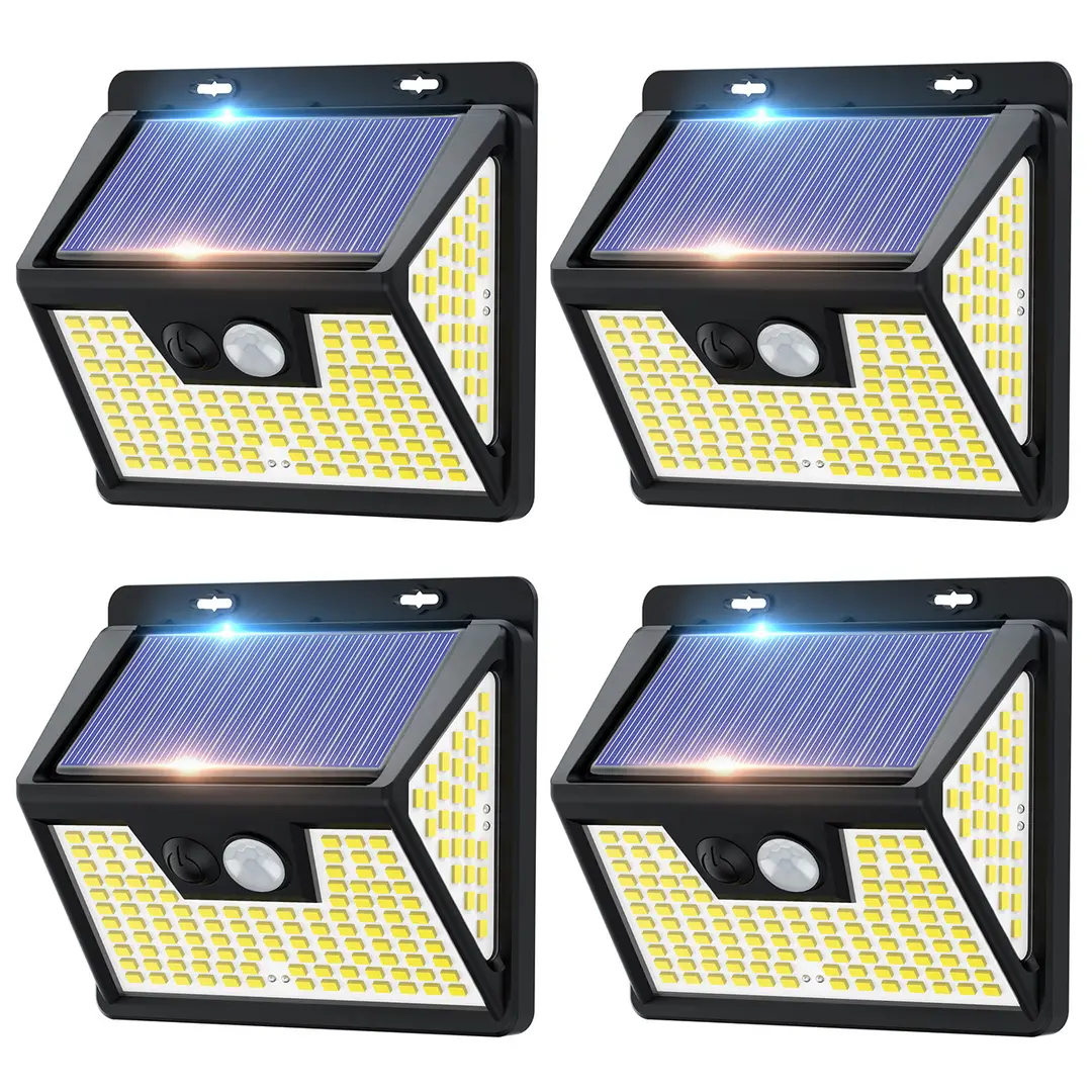 VIVREAL Solar-Wandleuchten, 4er-Pack, solarbetrieben, 140 LEDs, kabellos, IP65-Schutz, 3 Modi, Bewegungssensor, Outdoor-Garten-Sicherheitsleuchten, Neujahrsmarkt, Top-Geschenkideen