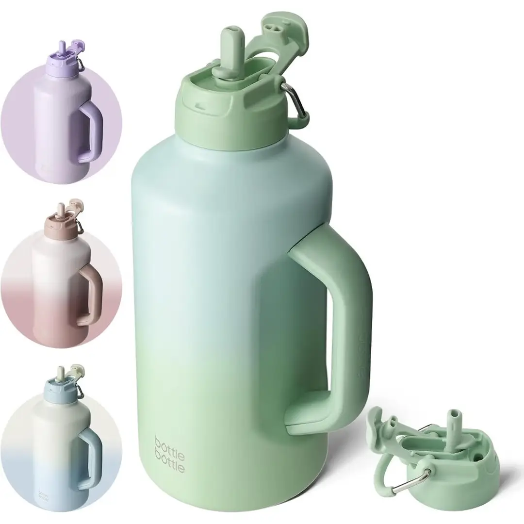 Bottle Bottle Gourde de sport en acier inoxydable avec bouchon 2-en-1 à paille et poignée, 1,8 L, dégradé de vert