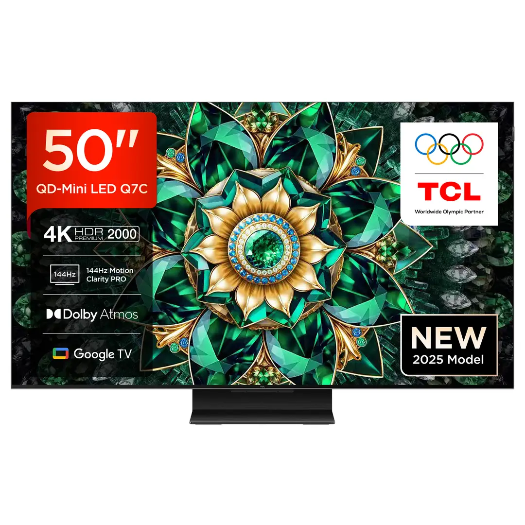 TCL 50Q7C QLED Mini LED Fernseher, 50 Zoll, 4K HDR Premium, Dolby Vision IQ & Atmos, Smart TV mit Google TV, Onkyo 2.0 Sound, 144Hz VRR, AMD FreeSync Premium Pro, HDMI 2.1, AirPlay 2, Alexa, IMAX Enhanced