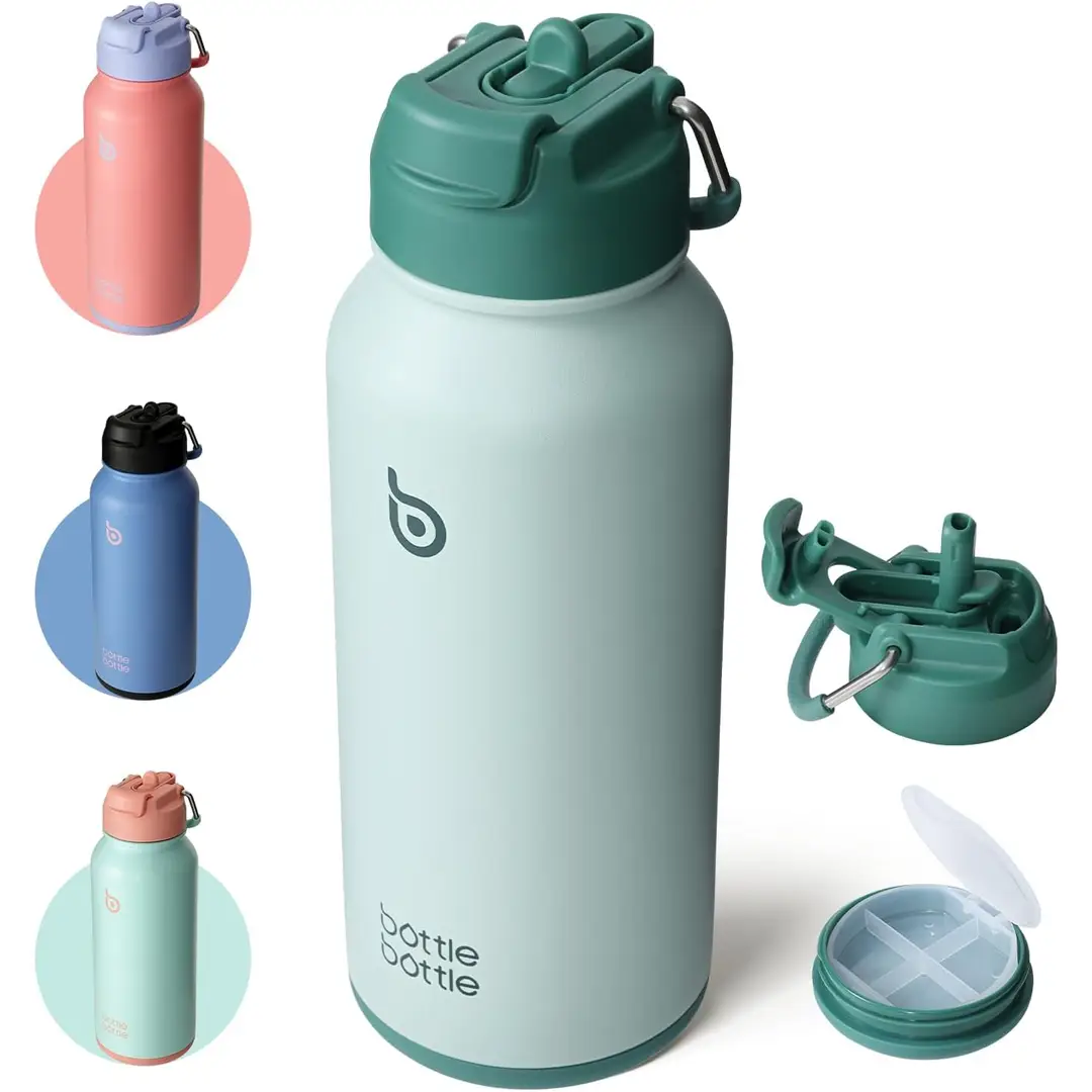 Bottle Bottle Edelstahl-Sport-Trinkflasche mit 2-in-1 Strohhalmdeckel und Tablettenfach, Grün, 950 ml (32,1 oz), Neujahr-Sonderangebot, Top-Geschenkideen