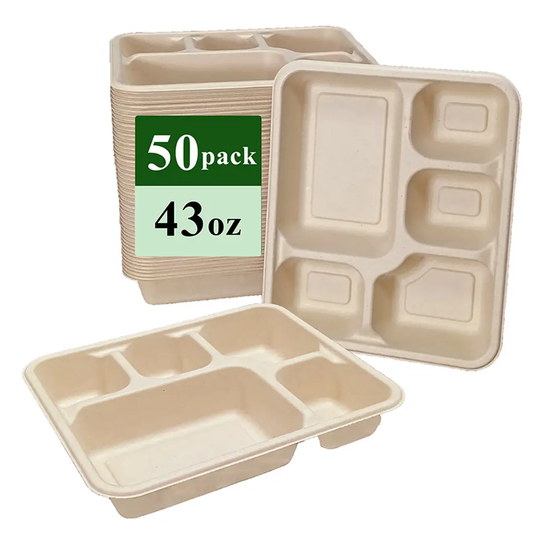 Ruibamboo disposable bamboo fiber tray 43oz 5-comp
50pack