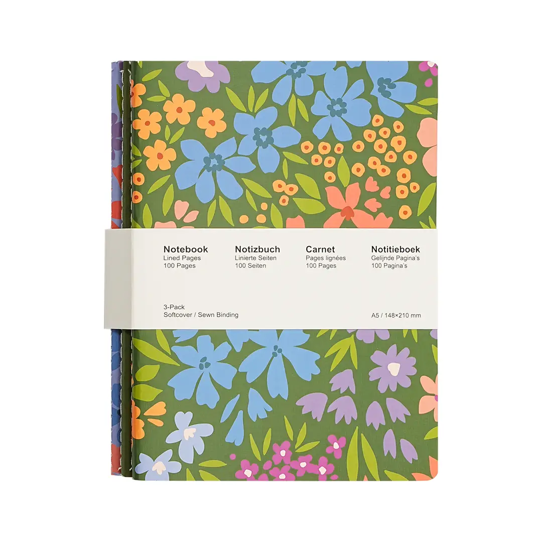 Jubiluu A5 Softcover 3-Pack Stitch Notebook - 50 Sheets (80g offset paper) - Classic Cream Ruled Journal for School, Office, Journaling, or Everyday Note-Taking-Garden Bloom