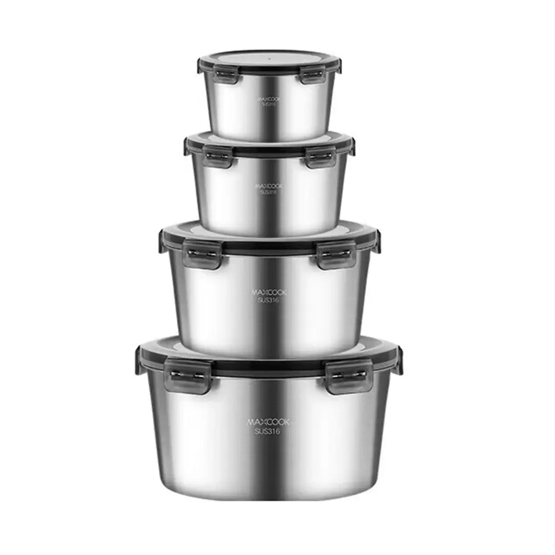 Maxcook Set of 4pcs 316SS Round Food Container With Lid （400/600/1100/2200ml）MCFT4809