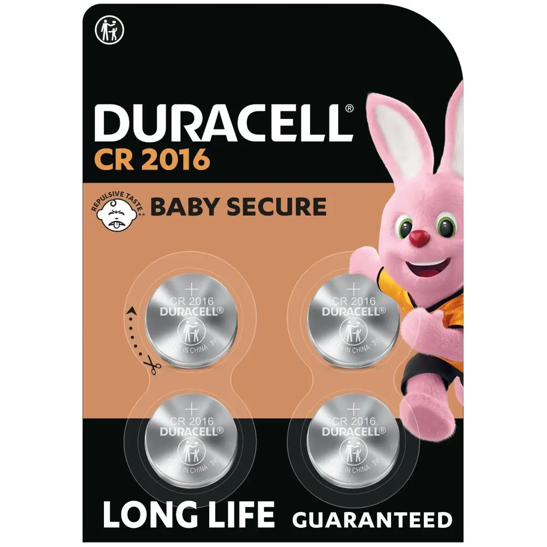 DURACELL CR2016 Piles Boutons au lithium 3V (lot de 4) - Longue durée garantie - Technologie sécurité enfant - Pour clés électroniques, télécommandes, montres fitness - Emballage sécurité enfant
