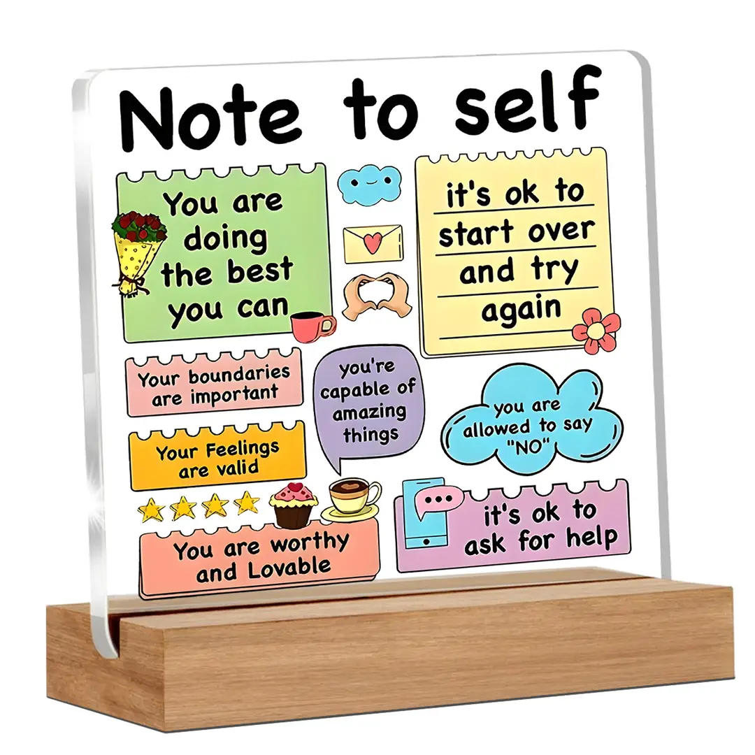 Alphynix „Note to Self“ Acryl-Plakette, Stand auf Holzbasis mit farbigen Affirmations wie „Du bist wertvoll“ & „Es ist in Ordnung, um Hilfe zu fragen“, Mental-Wellness-Schreibtisch-Dekor, 1 Stück