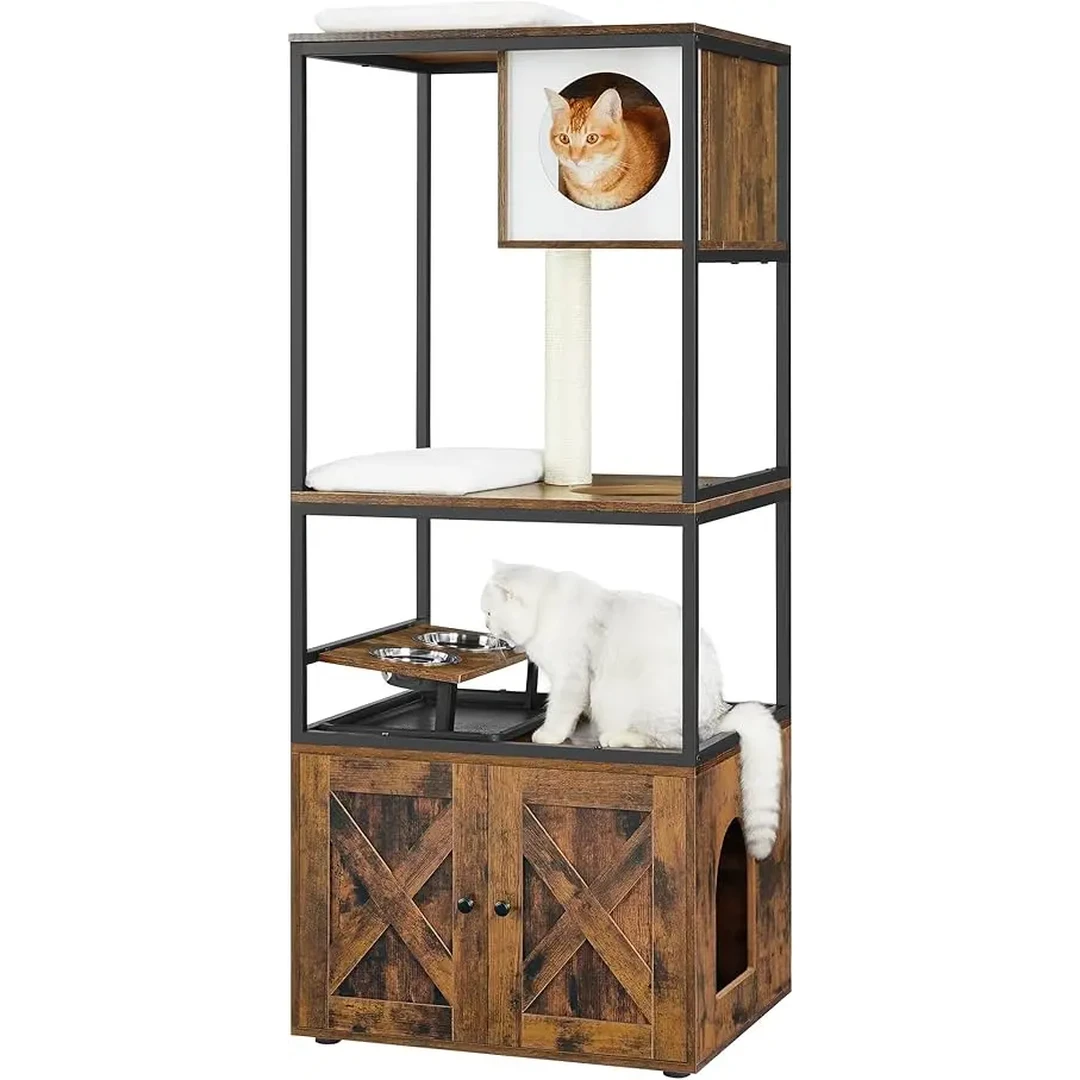 FEANDREA PCT312X01 Kratzbaum mit Katzenstreu-Schrank, erhöhtem Futternapf-Ständer, Sisalstange und waschbaren Kissen, Vintage Braun