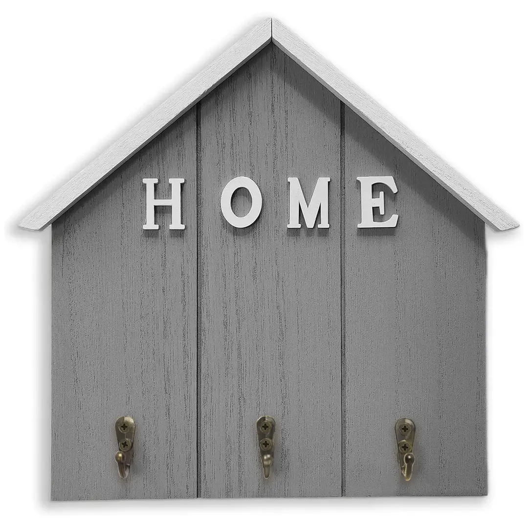1 Stück Hausförmiger Schlüsselanhänger, Wandmontierter „HOME“-Organizer mit 3 antiken Metallhaken, Schlüssel- und Briefablage für die Einbaustelle, Grau