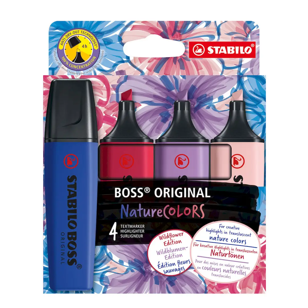 STABILO BOSS ORIGINAL NatureCOLORS Wildflowers Edition - Highlighter - Pack of 4 - Assorted Colours