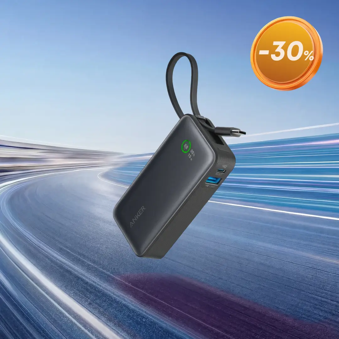 Anker Nano Powerbank (10.000 mAh, 30 W, integriertes USB-C-Kabel, schwarz)