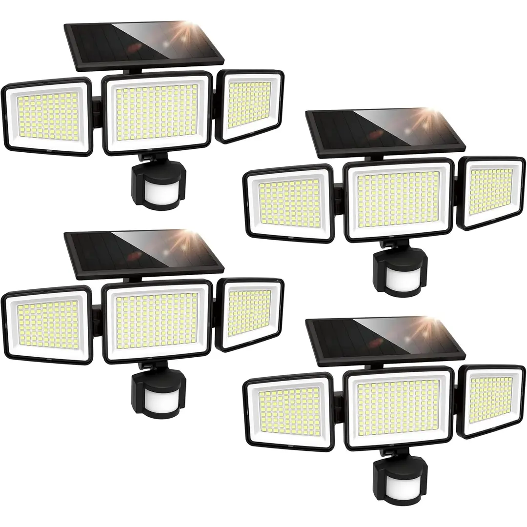 UME Solar-Außenleuchten 302 LED 3000LM, IP65 wasserdicht mit Bewegungssensor, 3-köpfige Solar-Sicherheitsstrahler mit 270° weitem Beleuchtungswinkel und 3 Modi für Garten, Terrasse, Hof - 4er-Pack