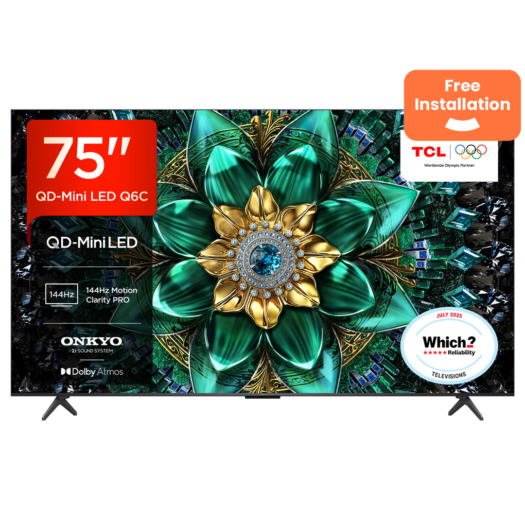 TCL 75Q6C-UK 75" QD-Mini LED TV, 4K HDR Premium 1000nits, Smart TV Powered by Google TV (Dolby Vision IQ & Atmos, Onkyo 2.1 Sound System, 144Hz Motion Clarity Pro, Game Master, 2025 New Model) [Energy Class E]