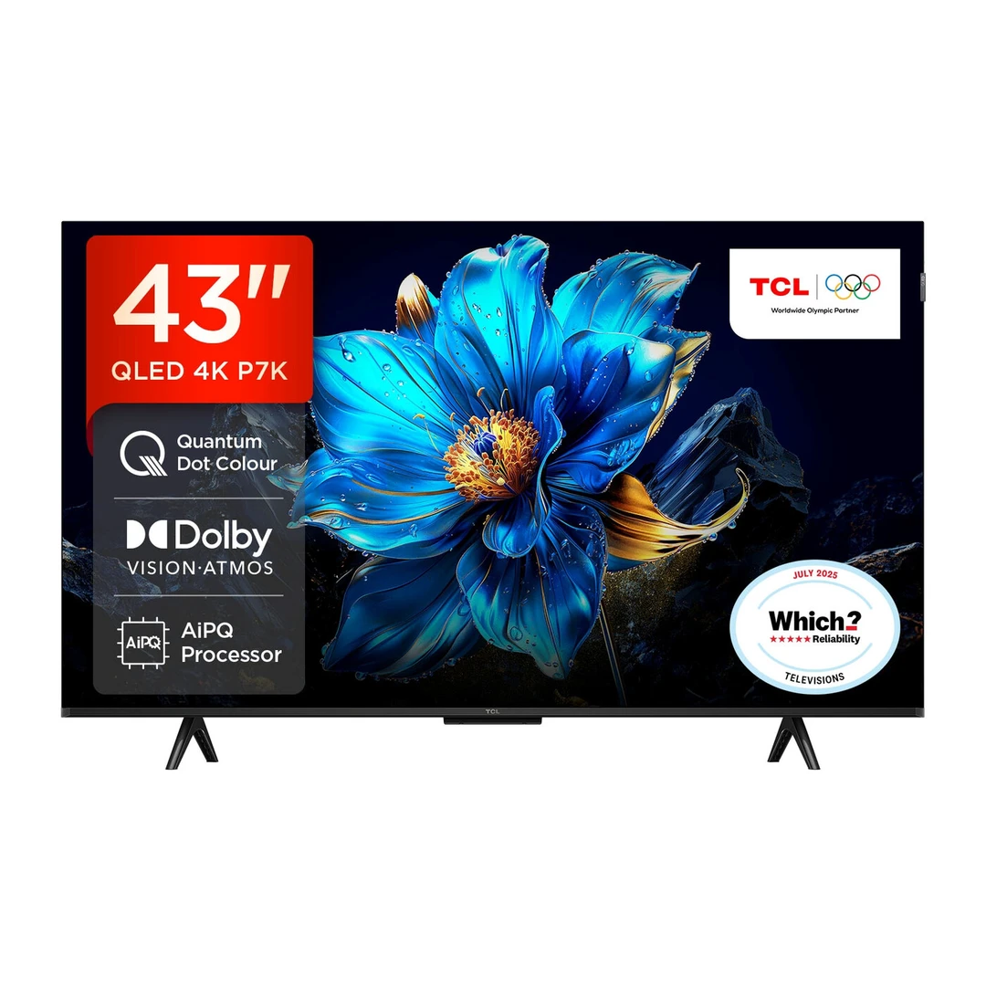 TCL 43P7K 43” QLED, Direct LED TV, 4K HDR TV, Smart TV Powered by Google TV (Dolby Vision & Atmos, Motion clarity, Hands-Free Voice Control, compatible with Google Assistant & Alexa)