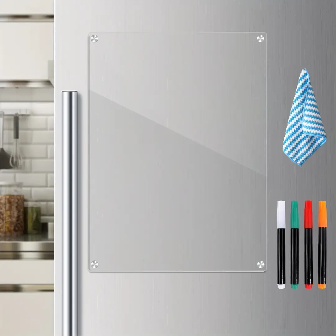 Alphynix Tableau blanc magnétique en verre, Lot de 1, tableau réutilisable vierge avec 4 marqueurs colorés et tissu de nettoyage, organisateur de réfrigérateur transparent pour notes de cuisine et rappels de famille