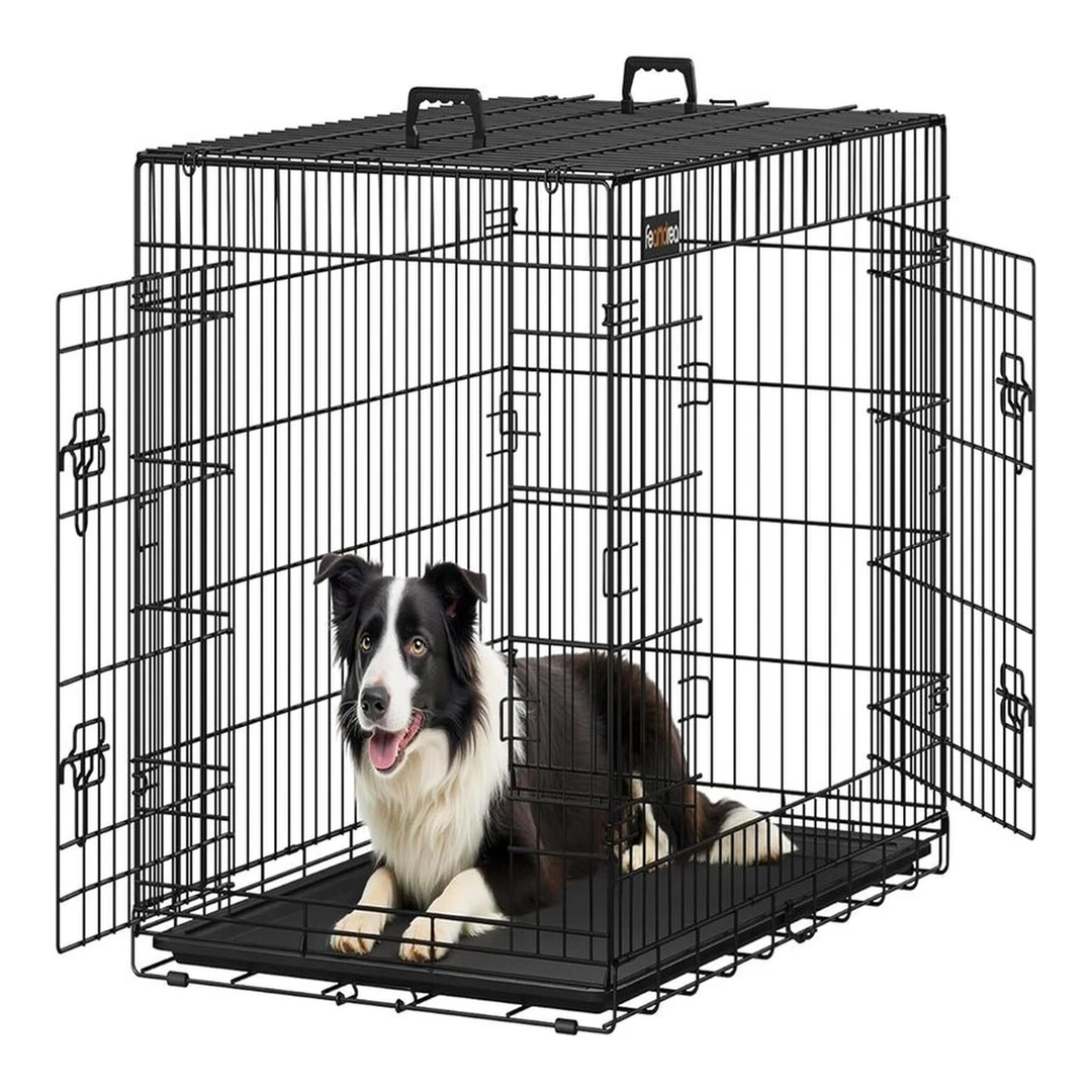 Feandrea PPD42H opvouwbare hondenbench met 2 deuren, uitbreidbare kunststof bak, 107 x 70 x 77,5 cm, XL, zwart