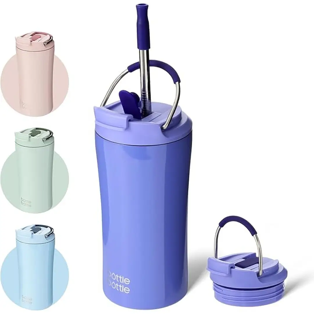 Bottle Bottle Doppelwandiger Iced‑Coffee‑Becher mit Deckel und Strohhalm für zwei Verwendungsarten, 12 oz, Edelstahl, lila, Neujahrssale, Top‑Geschenkideen