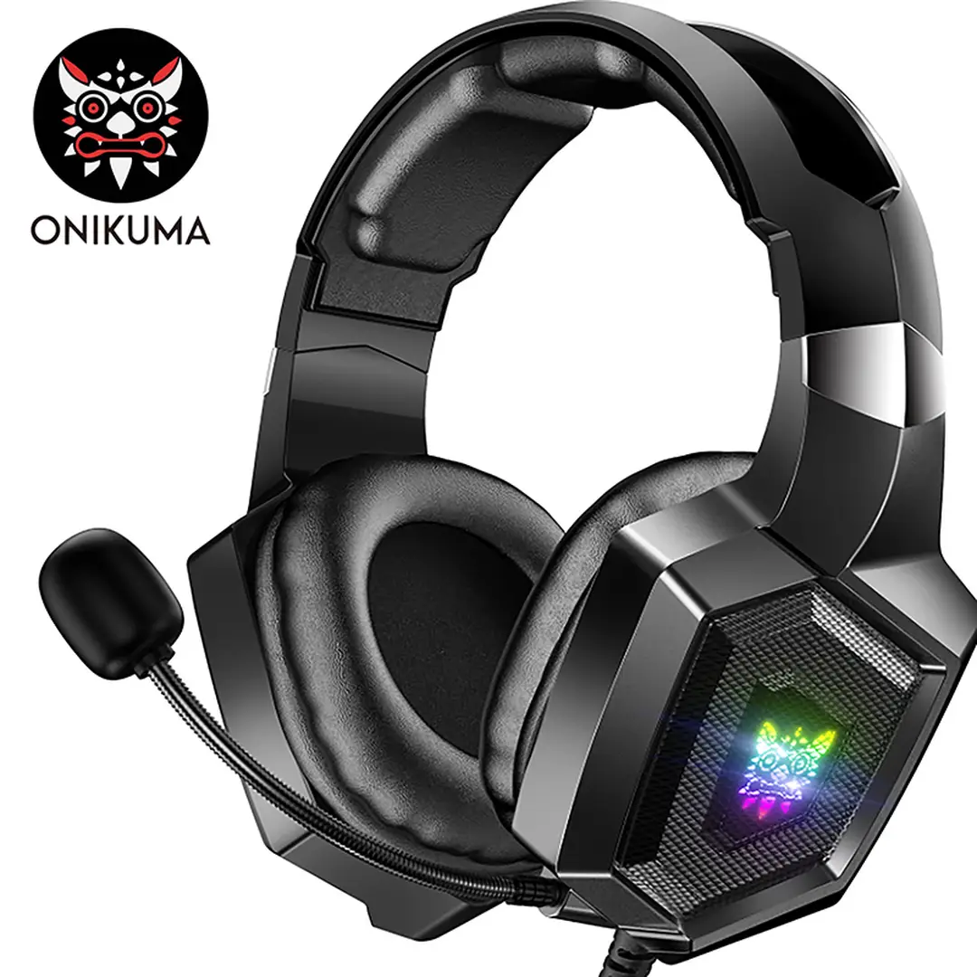 ONIKUMA K8 Casque de jeu circum-aural filaire avec micro HD flexible, éclairage RGB, son surround, pour PC et Xbox