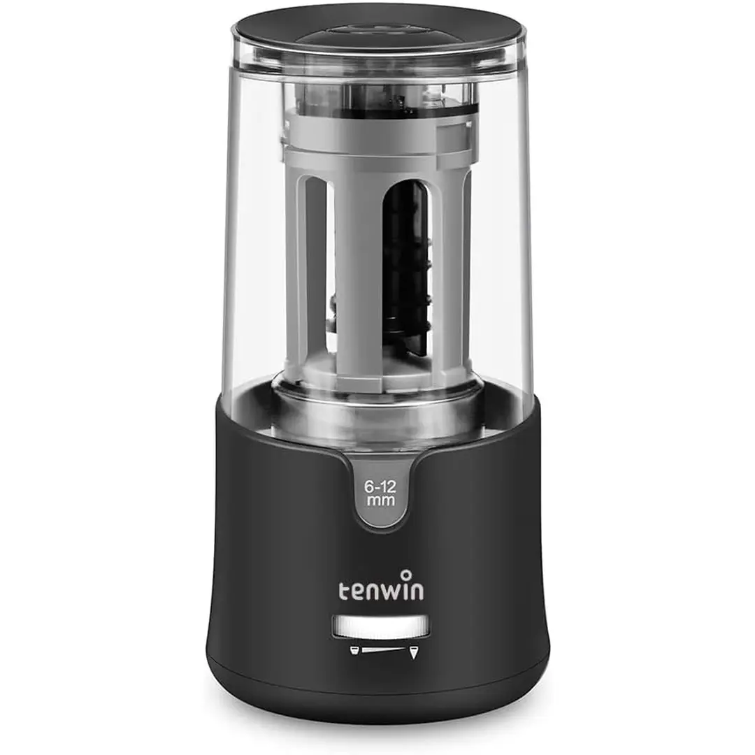tenwin Taille-crayon électrique avec récipient, alimenté par adaptateur secteur, pour crayons de couleur de 6 à 12 mm, arrêt automatique, pour artistes, enfants, bureau, salle de classe, école, portable, haute performance, norme UE (noir), promotion de fin d’année, meilleurs cadeaux à offrir
