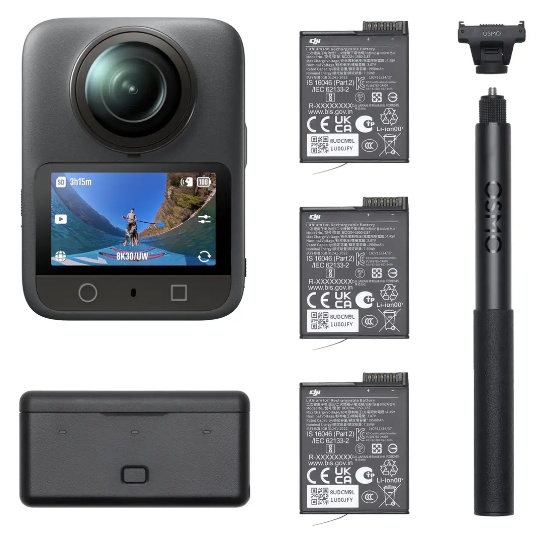 DJI Osmo 360 Adventure Combo – 360°-camera met 1-inch sensor, 8K-360° video, 4K/120fps & 170° gezichtsveld, 120MP-foto's, actioncam & vlogcamera, magnetisch snelwisselsysteem, 3 batterijen en opladingsetui