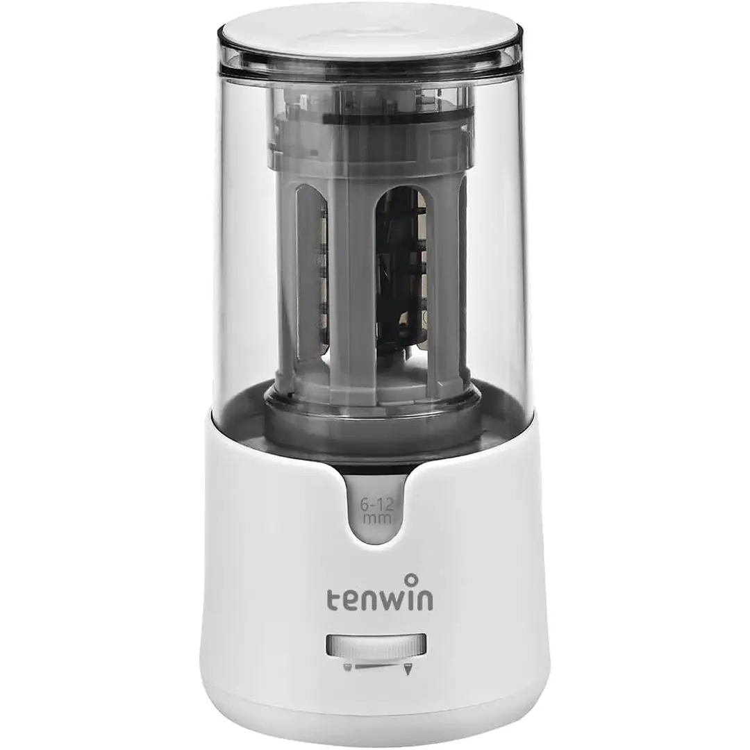 tenwin Electric Pencil Sharpener, AC Adapter Powered Sharpener with Container for 6-12mm Coloured Pencils, Auto Stop for Artists, Kids, Office, Classroom, School Use, Portable, Heavy Duty (White)