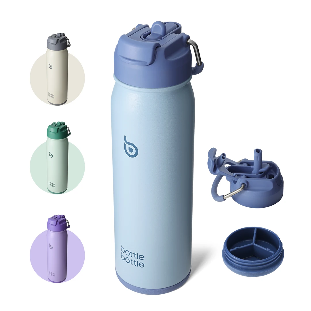 Bottle Bottle RVS vacuümgeïsoleerde thermobeker met rietje en handvat, medicinestapje, 24 oz, blauw, voor buitensport en school, Nieuwjaarverkoop, top cadeaukeuze