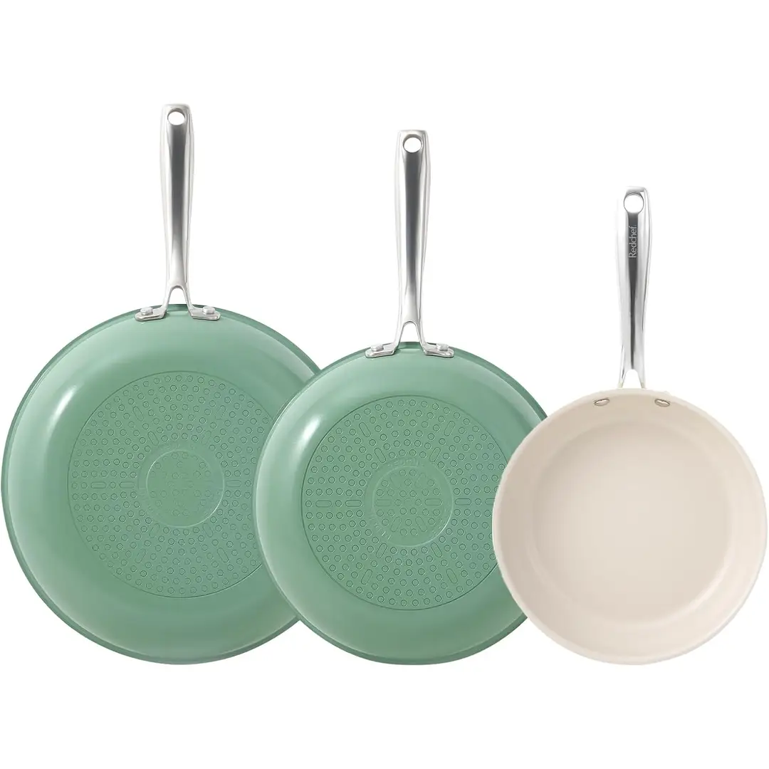 Redchef Gemstone Aluminum II Series 3-Piece Ceramic Frying Pan Set, Green Exterior & Brown Interior