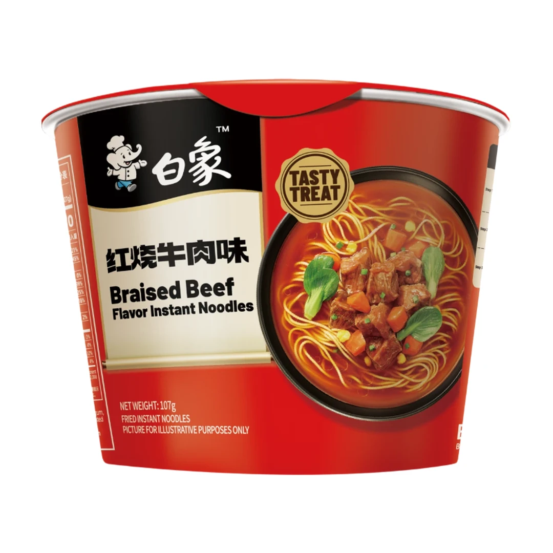 Bai Xiang Flavor Rich Classic Braised Beef Flavor Instant Noodles *12 Buckets (Carton)
