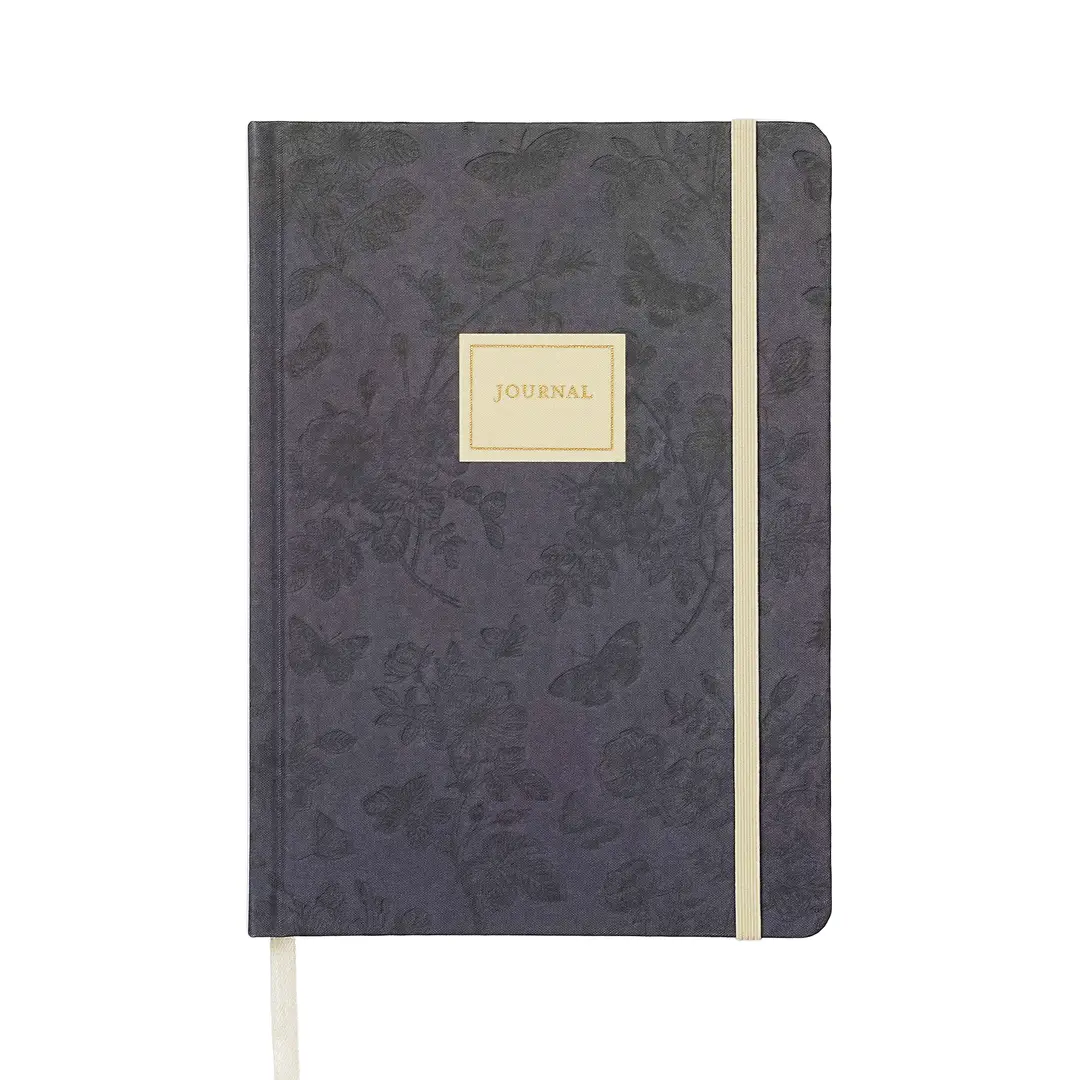 Jubiluu A5 Floral Fabric Hardcover Lined Notebook - 96 Sheets (100g offset paper), Bookmark & Elastic Band - Classic Cream Ruled Journal for Writing, School, Office, and Gifts-Midnight Blossom