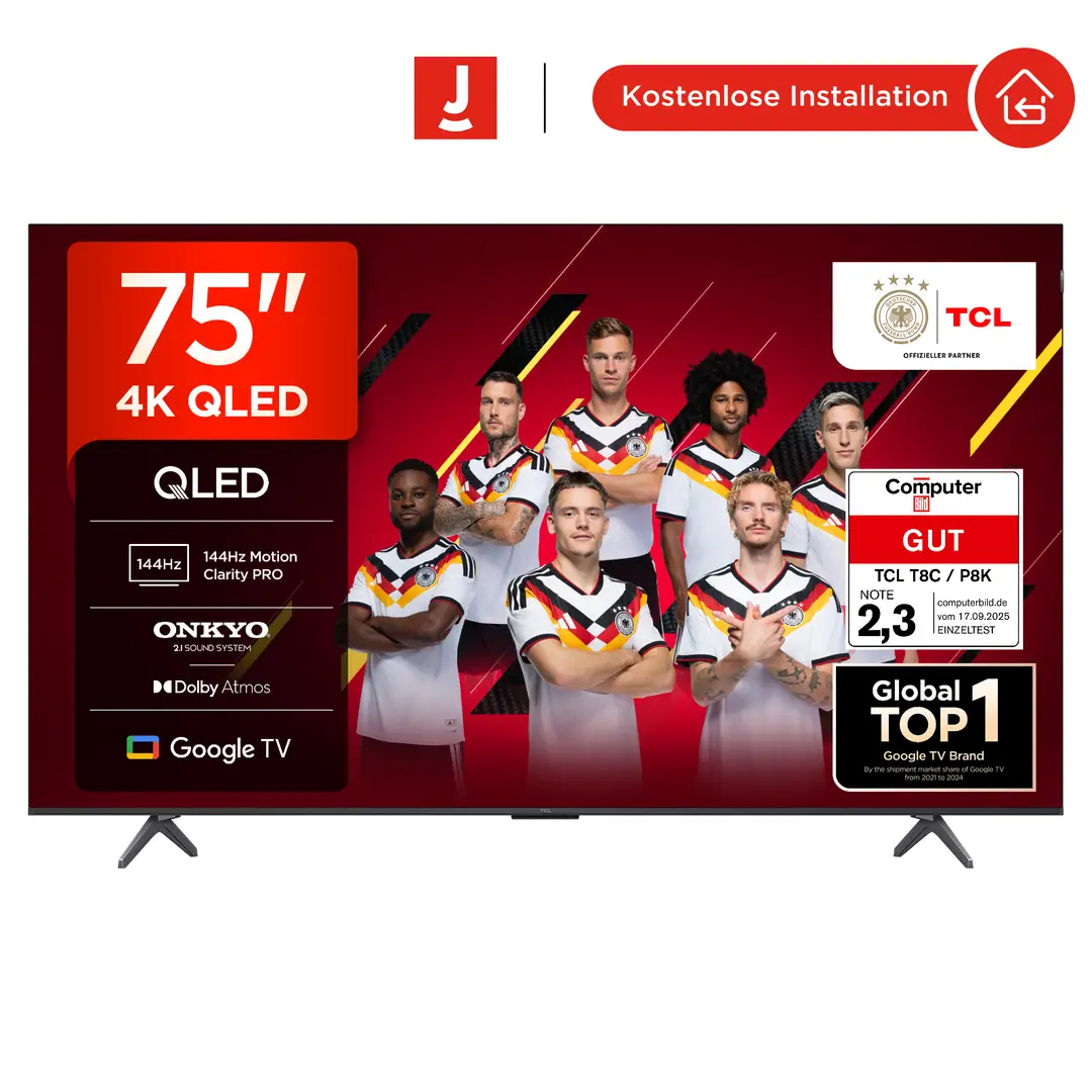 TCL 75T8C 75 Zoll QLED 4K HDR UHD Fernseher, Smart Google TV Dolby Vision Atmos,144Hz Motion Clarity Pro, Game Bar, ALLM, FreeSync, Onkyo 2.1 Sound,Sprachsteuerung, Kompatibel mit Google Assistant