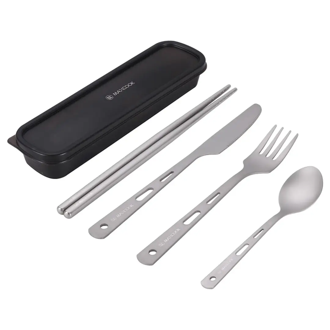 Maxcook-Set von 5 Teilen aus reinem Titan, tragbar (Messer, Gabel, Löffel und Essstäbchen) MCCU7399