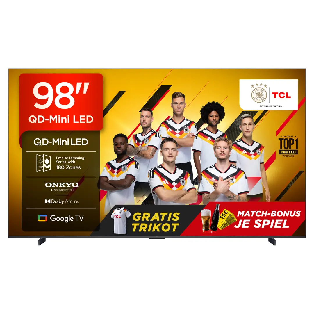 TCL 98Q6C QD-Mini LED Fernseher, 98 Zoll, 4K HDR Premium, Dolby Vision IQ & Atmos, Onkyo 2.1 Sound, Google TV, Smart TV, Game Master, 144 Hz, FreeSync Premium Pro, HDMI 2.1, AirPlay 2, Alexa & Google Assistant