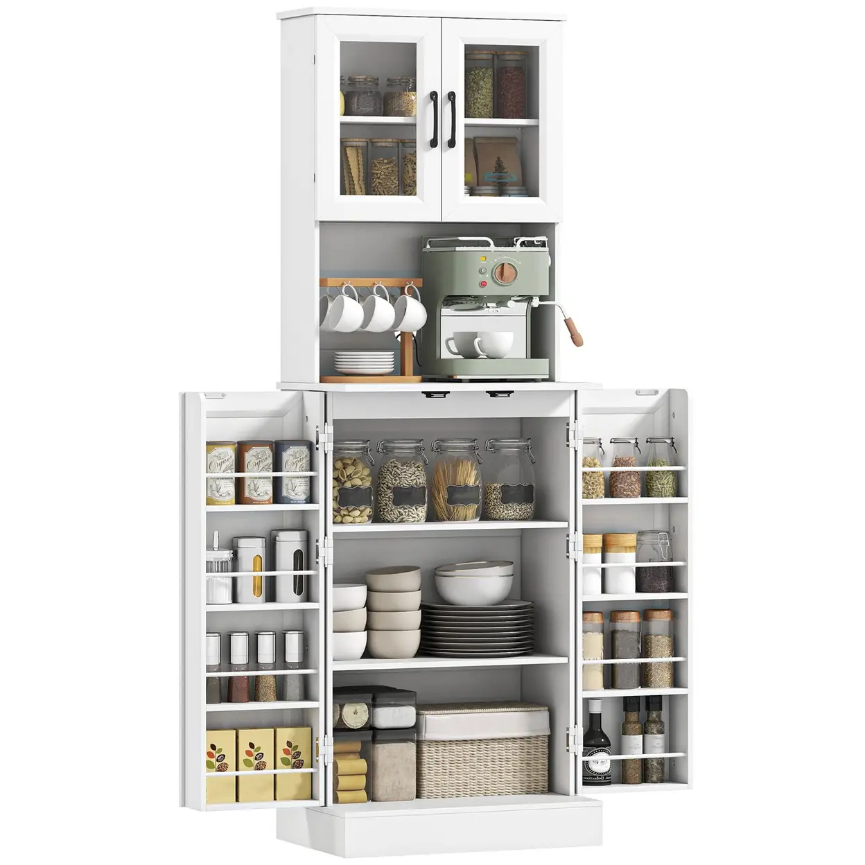 Küchenschrank, verstellbares Regal, Arbeitsplatte, Acryltüren, Kabelloch, für Wohnzimmer, Küche, Esszimmer, MDF, Weiß | Sideboards & Konsolentische