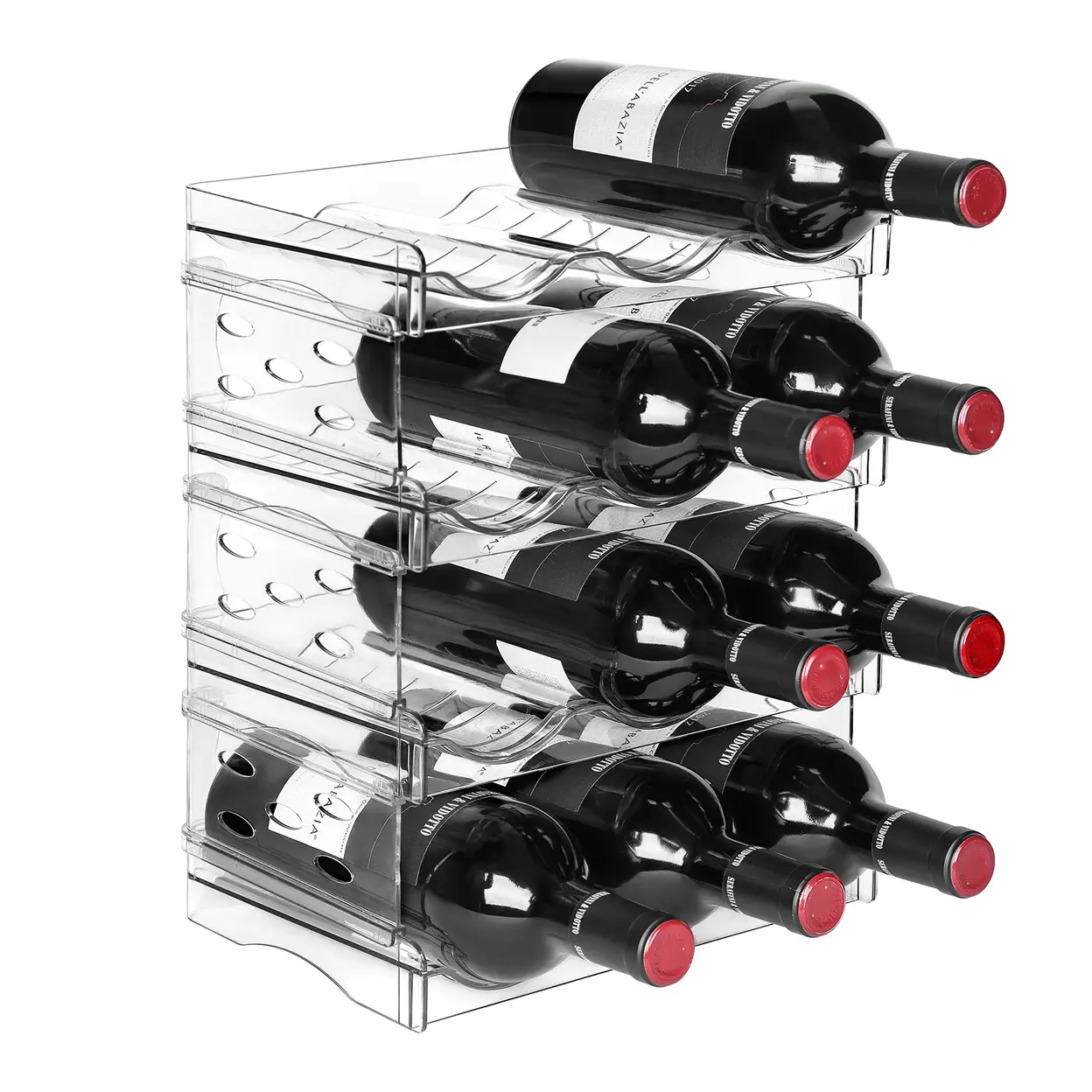 BoxedHome Sunyana Kunststoff-Weinregal, 4 Ebenen, 12 Flaschen, Transparent, stapelbares Weinregal für Weinflaschen, Thermosflaschen und Getränkeflaschen | Küchenaufbewahrung