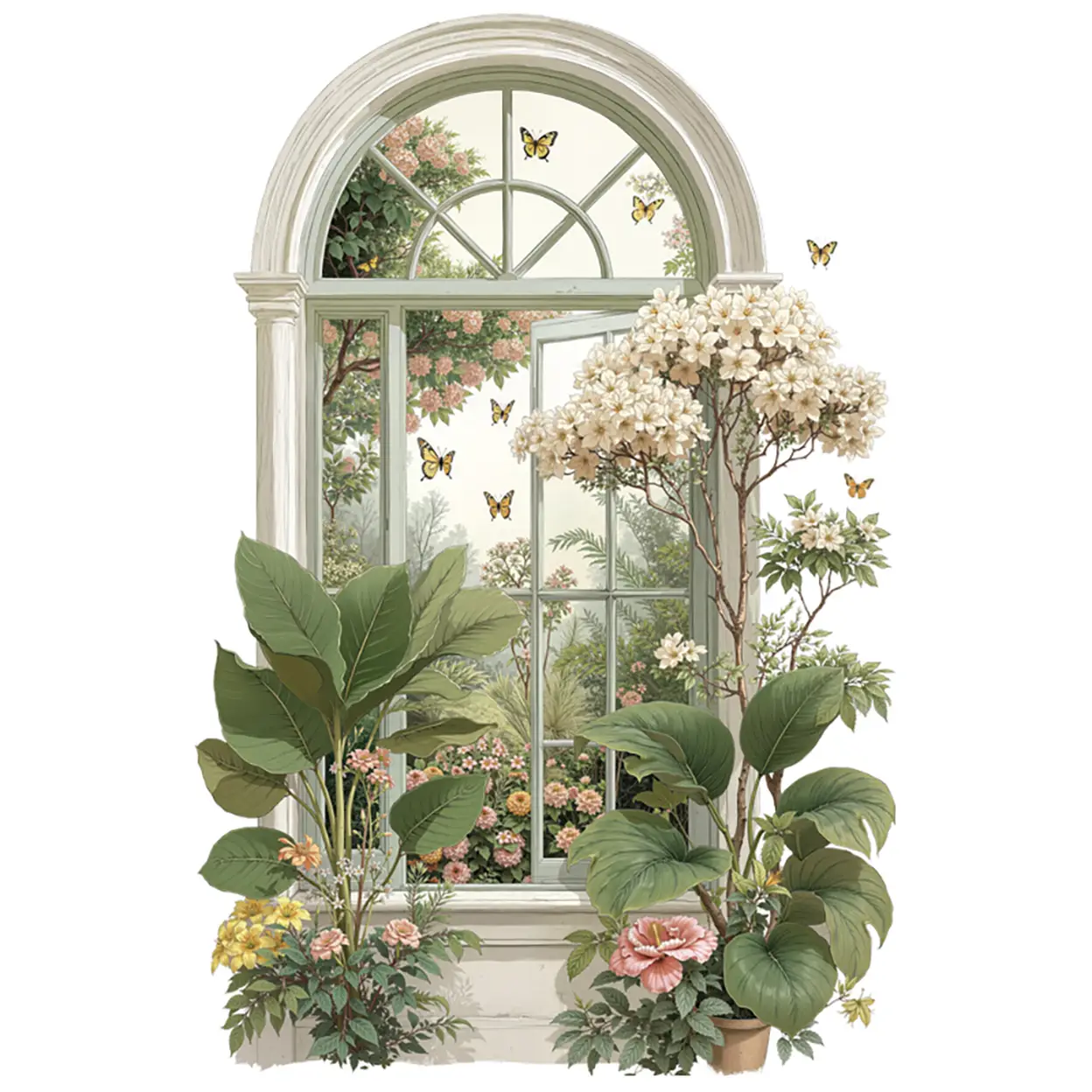 Blumen Fake-Fenster Wandsticker Blumen Wandtattoos zum Aufkleben Vintage Pfingstrose Rose Kunstfenster Dekoration für Kinderzimmer Mädchenzimmer Schlafzimmer Wohnzimmer, weiße Blumen | Wandaufkleber & Wandbilder
