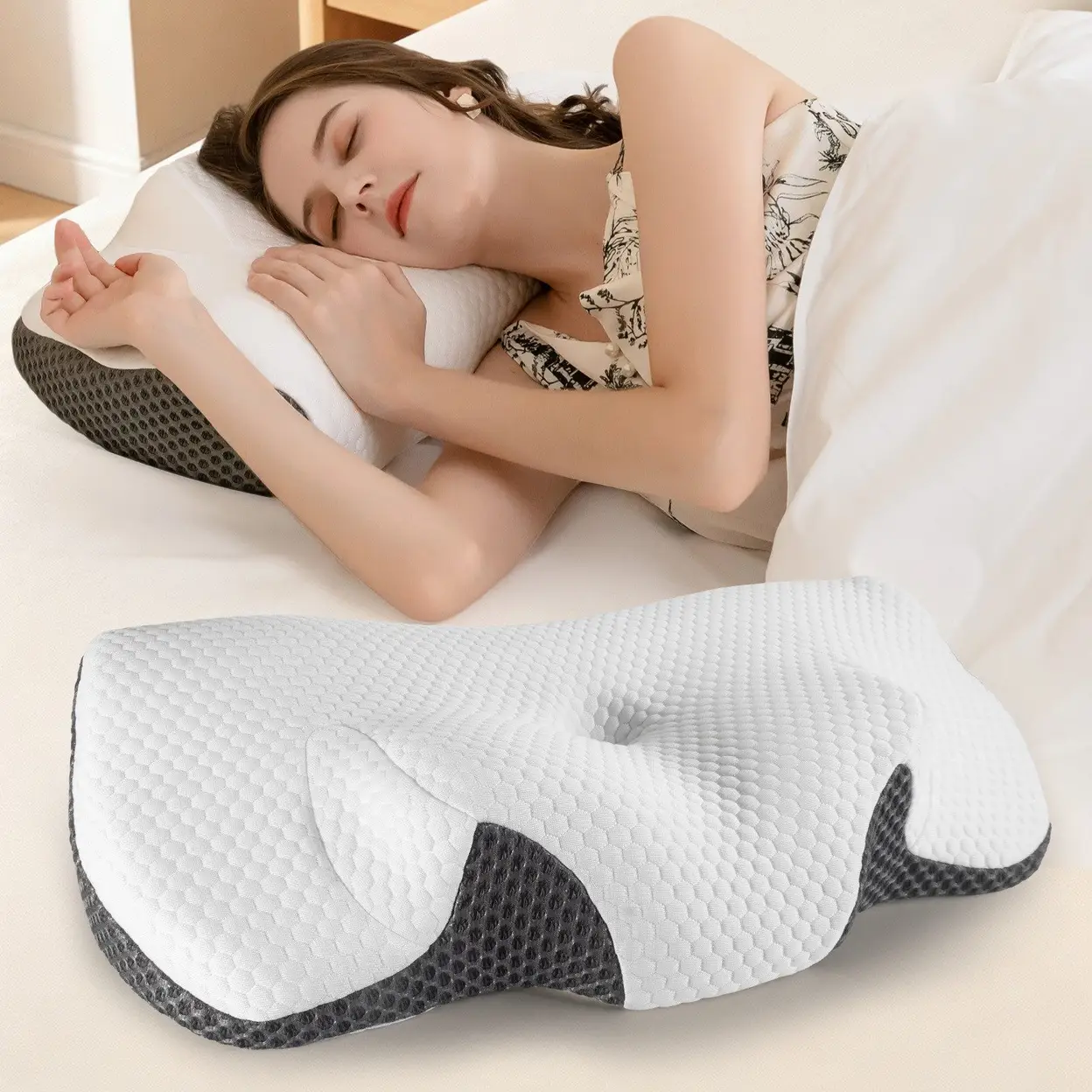 Nackenstützkissen Nackenkissen, Orthopädisches Memory Foam Nackenstützkissen, 2 Höhen Füllung: 100% Memory Foam, Rückenschlafer, Bauchschlafer, Seitenschlafer, Set, nackenkissen orthopädisch, schlafkissen, Kissen, Seitenschläferkissen, Schlafkissen 