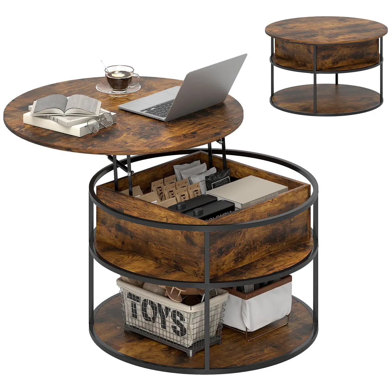 HOMCOM Couchtisch Rund Höhenverstellbar Ø80 cm Wohnzimmertisch mit Ablagefläche, Hebeplatte und verstecktem Stauraum Kaffeetisch Beistelltisch für Wohnzimmer, Braun | Couchtische & Beistelltische