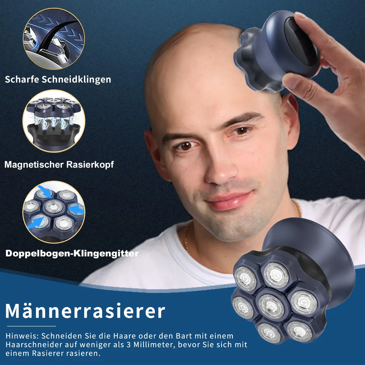 komingdon Elektrischer Herren-Rasierkopf, wasserdicht und wiederaufladbar,  geeignet fr Trocken- und Nassrasur  ideal fr den Kopf und die Bschel |  Elektrische Rasierer fr Herren | Joybuy