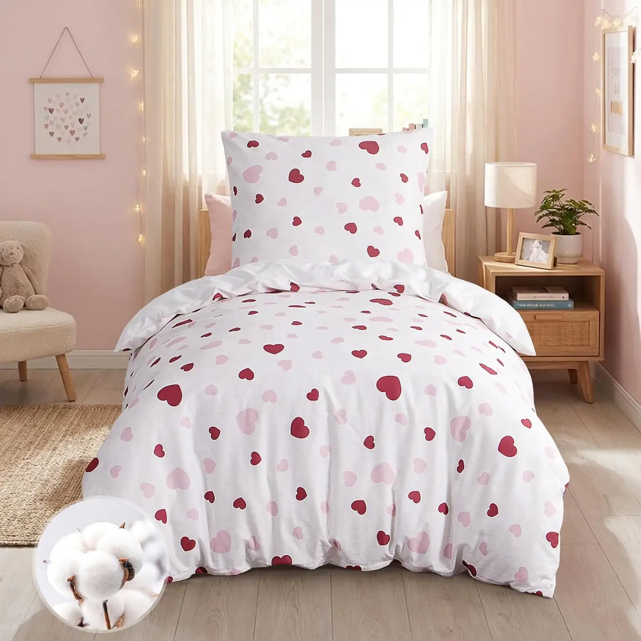Reine Baumwoll-Bettwäsche – Wendbares Design, weich und atmungsaktiv, mit Reißverschluss; geeignet für Schlafzimmer im eigenen Zuhause. Herz 155x220 | Laken & Kissenbezüge