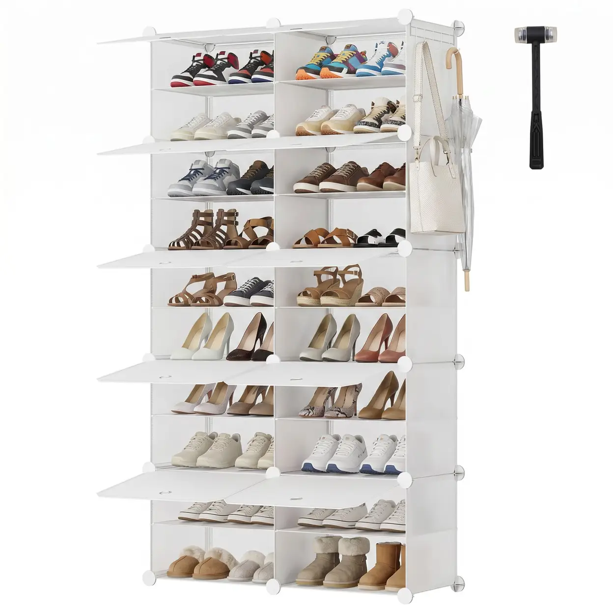 Mehrstöckig Schicht Transparenter Schuhschrank Platzsparend, aus PP, Schuhschrank für Viele Schuhe mit Türen – Selbstaufbau mit Hammer – Schuhschrank Modern für Großes Schuhregal für Familie 2×5 Weiß | Schuhaufbewahrung