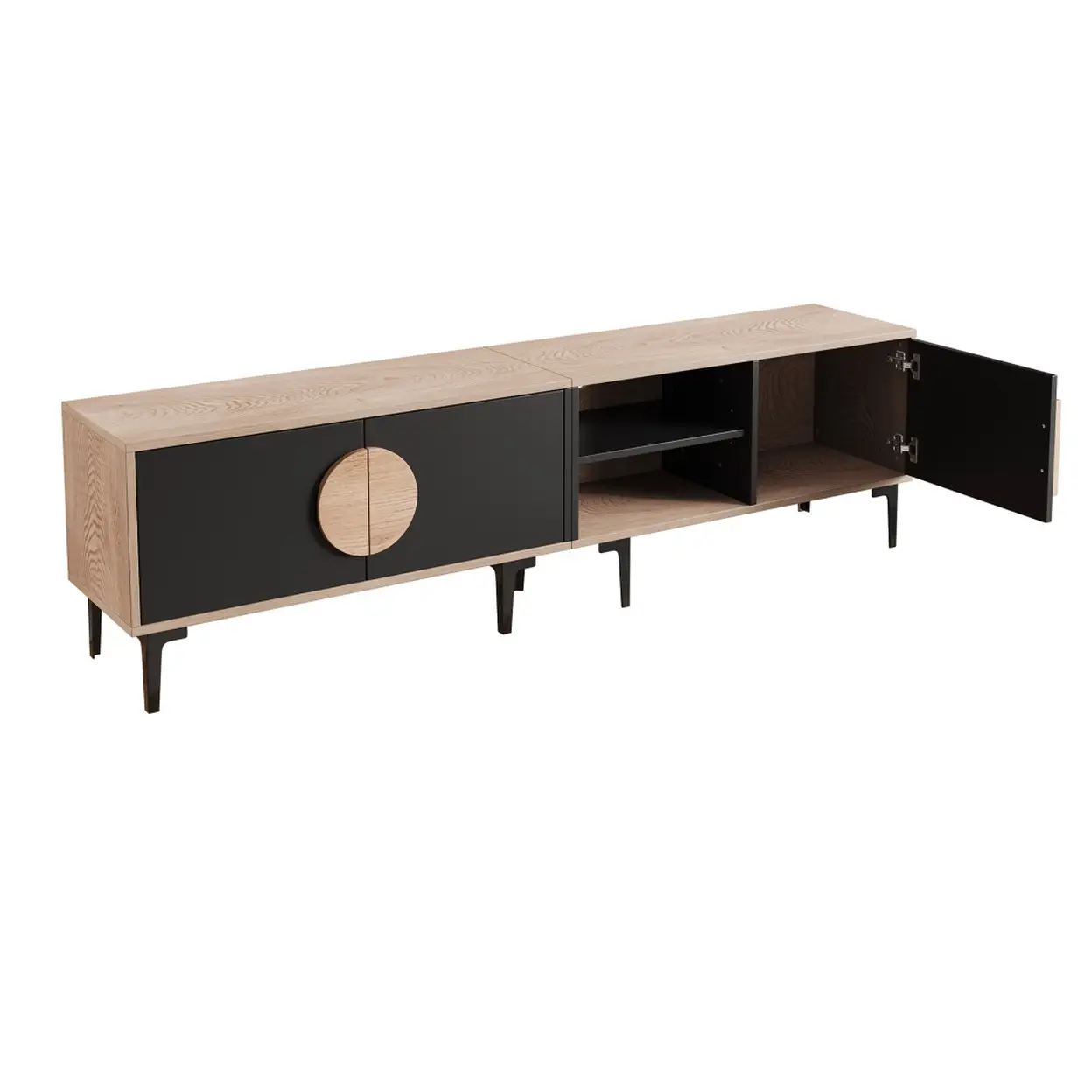 TV-Schrank 180 x 35 x 49 cm in Naturholzdekor und Schwarz, 2 Schränke und offene Fächer, 7 PVC-Füße, niedrige Linie für Fernseher bis 80 Zoll, Belastbarkeit 45 kg, Wohnzimmer und Heimkino | TV-Möbel